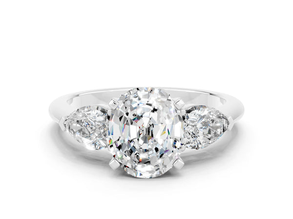 Platinum Three-Stone Oval Cut Moissanite Ring with Pear Side Stones and Four-Prong Setting