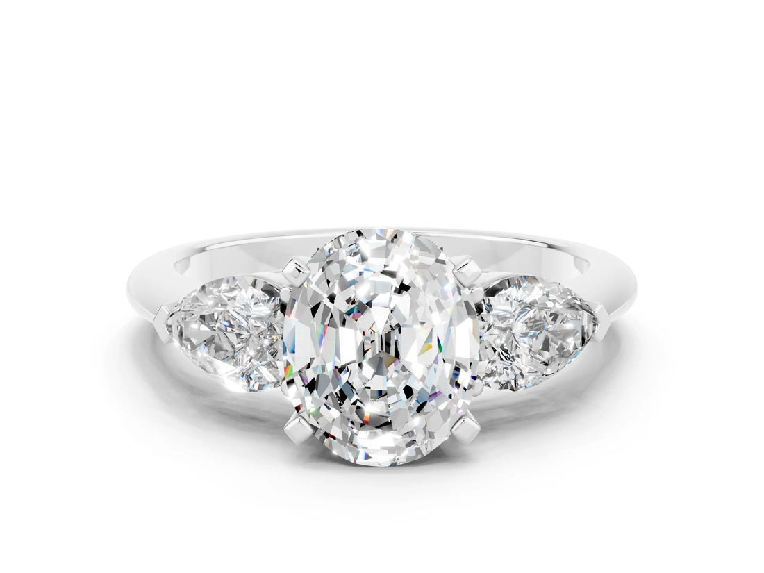 White gold Three-Stone Oval Cut Moissanite Ring with Pear Side Stones and Four-Prong Setting