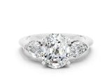 White gold Three-Stone Oval Cut Moissanite Ring with Pear Side Stones and Four-Prong Setting