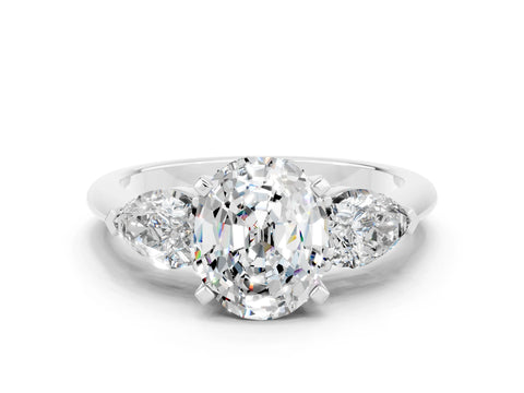 White gold Three-Stone Oval Cut Moissanite Ring with Pear Side Stones and Four-Prong Setting