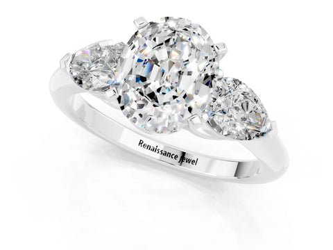 White gold Three-Stone Oval Cut Moissanite Ring with Pear Side Stones and Four-Prong Setting_1