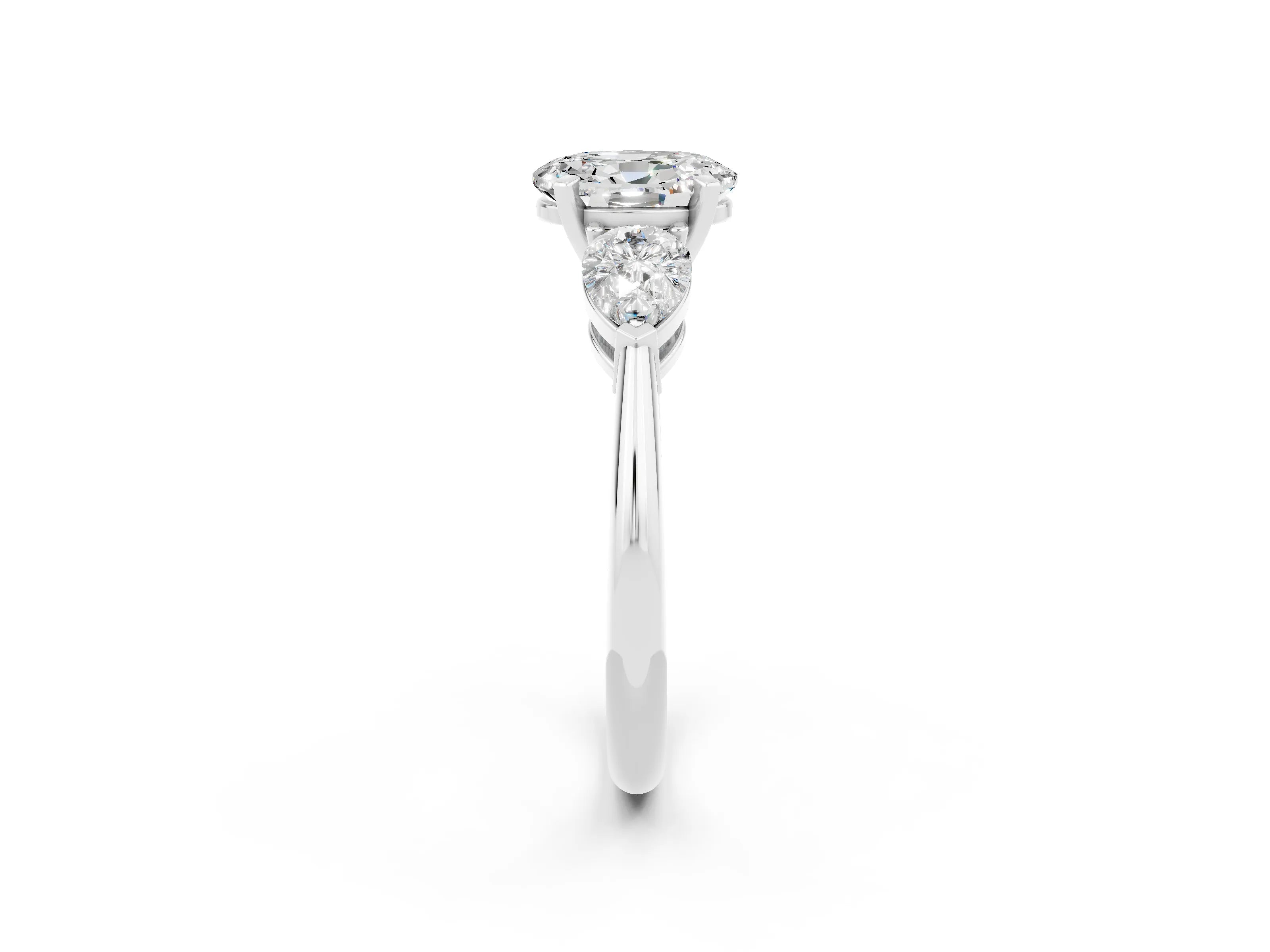 White gold Three-Stone Oval Cut Moissanite Ring with Pear Side Stones and Four-Prong Setting_2