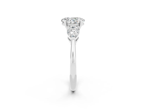 White gold Three-Stone Oval Cut Moissanite Ring with Pear Side Stones and Four-Prong Setting