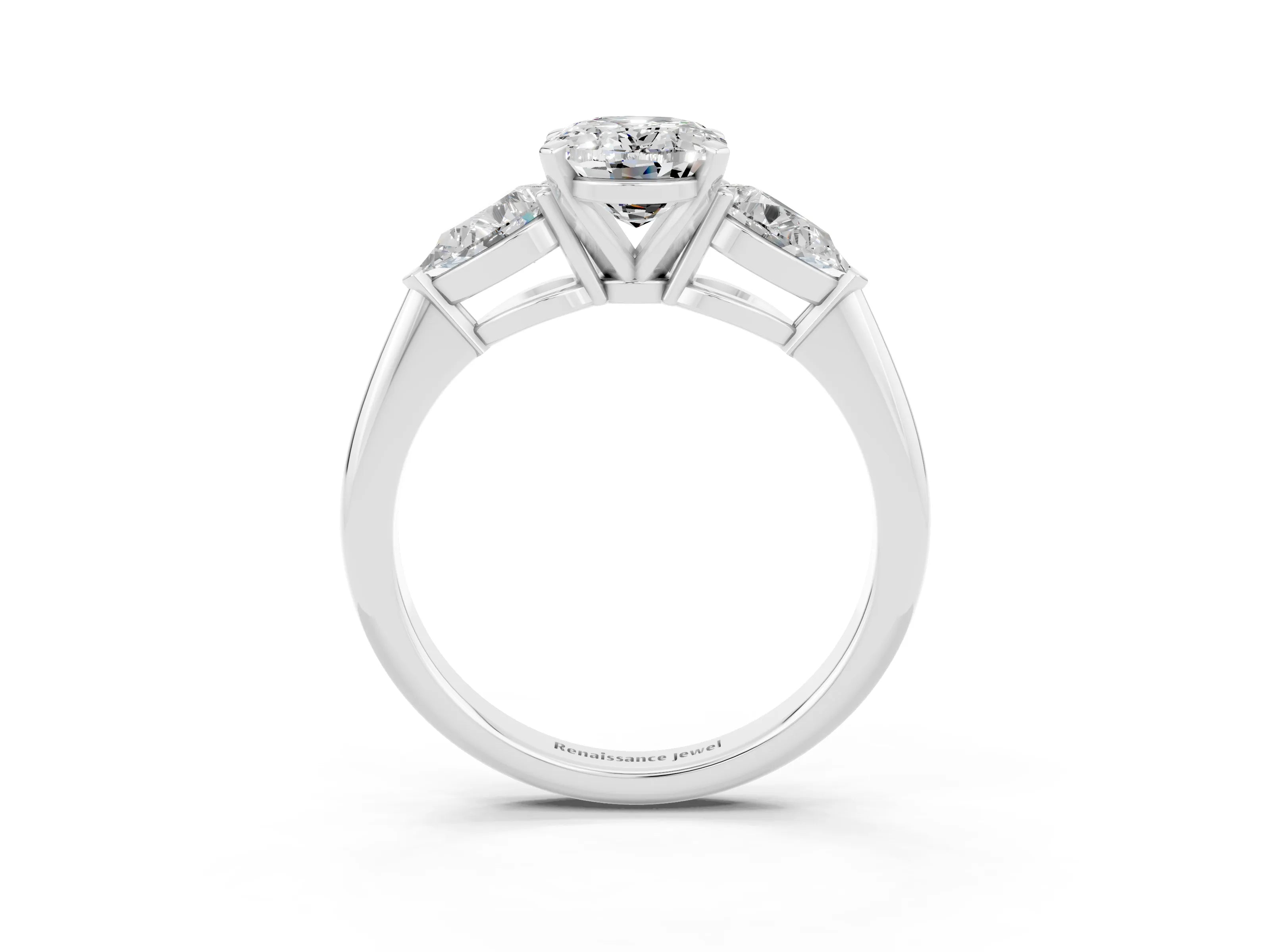 White gold Three-Stone Oval Cut Moissanite Ring with Pear Side Stones and Four-Prong Setting_3