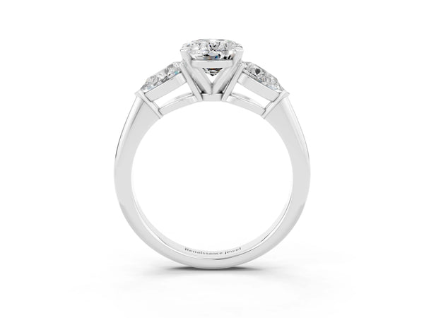 White gold Three-Stone Oval Cut Moissanite Ring with Pear Side Stones and Four-Prong Setting