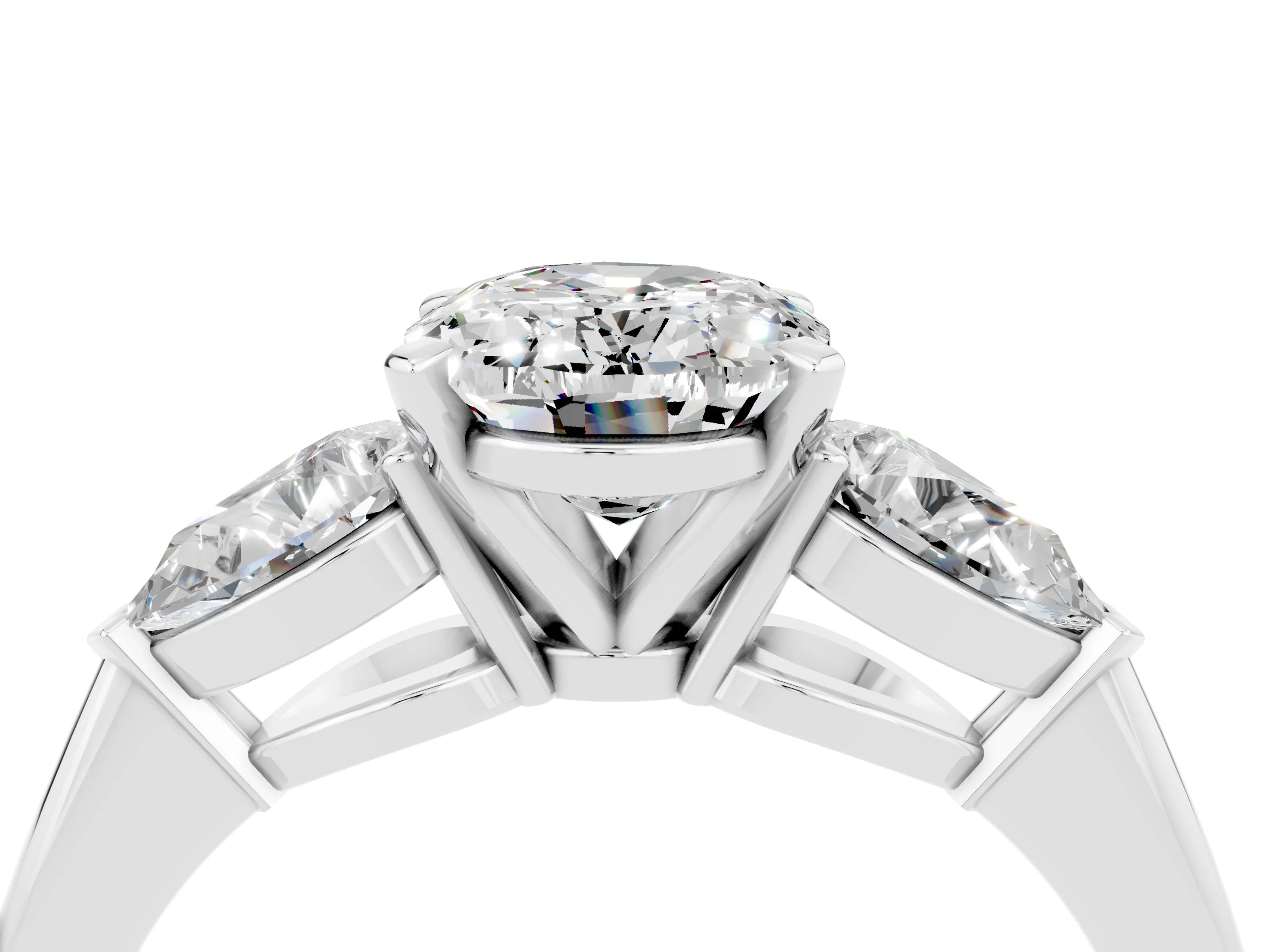 White gold Three-Stone Oval Cut Moissanite Ring with Pear Side Stones and Four-Prong Setting_4