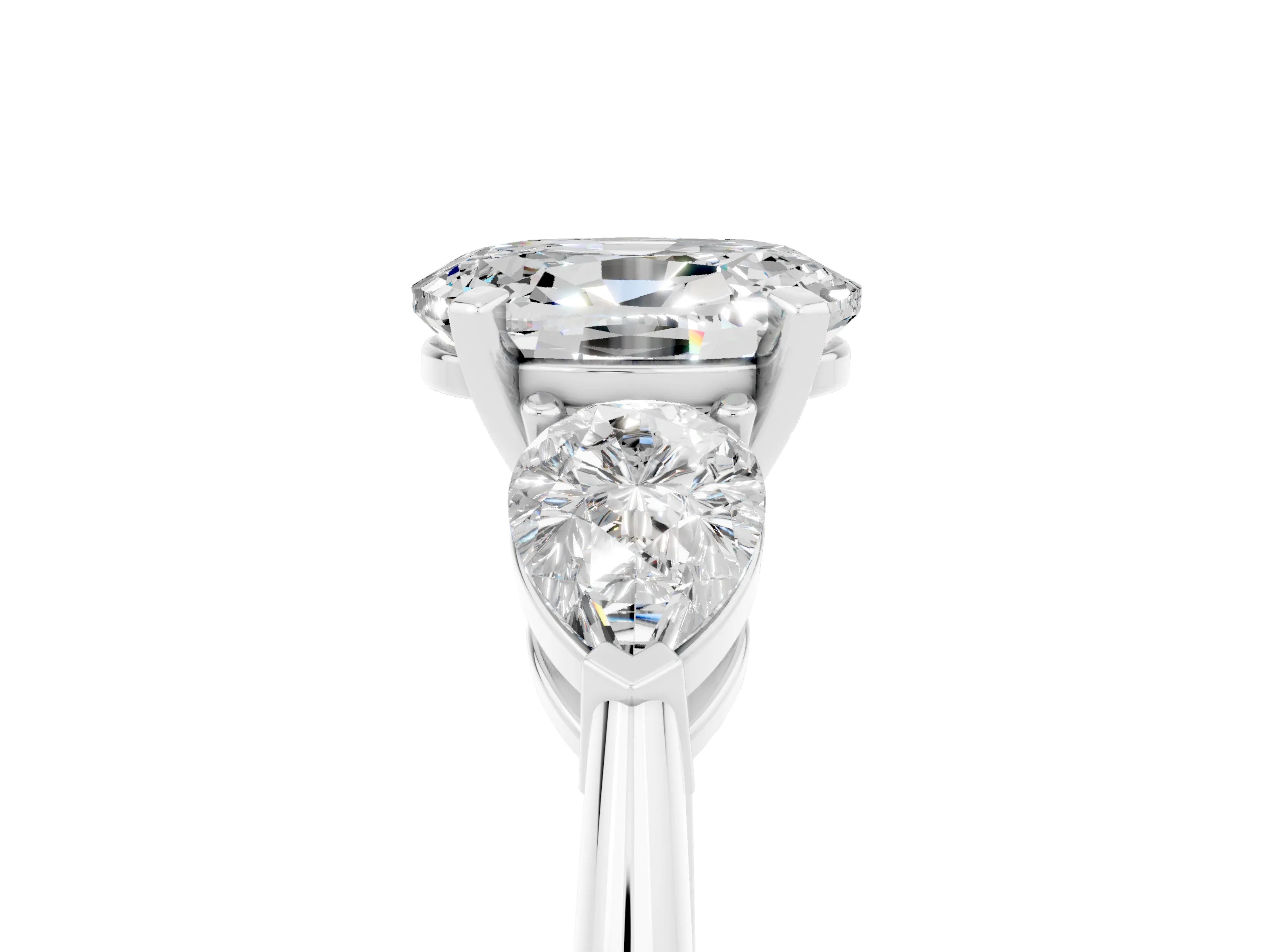 White gold Three-Stone Oval Cut Moissanite Ring with Pear Side Stones and Four-Prong Setting_5
