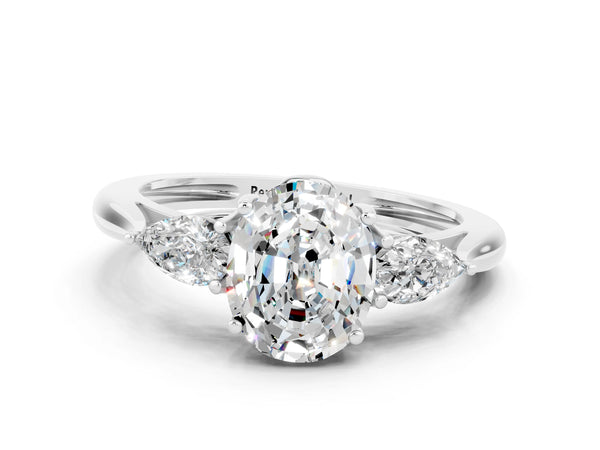 White gold Three-Stone Oval Cut Moissanite Ring with Pear  Side Stones in Four-Prong Setting