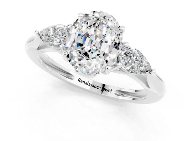 White gold Three-Stone Oval Cut Moissanite Ring with Pear  Side Stones in Four-Prong Setting