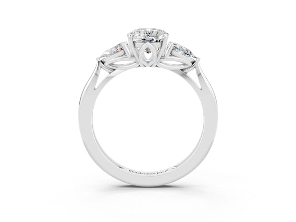 White gold Three-Stone Oval Cut Moissanite Ring with Pear  Side Stones in Four-Prong Setting