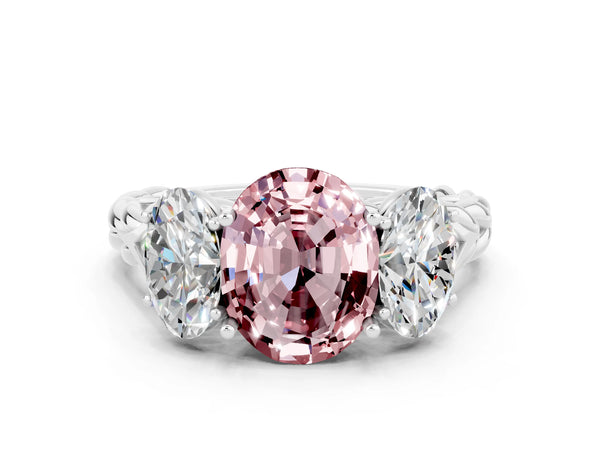 Platinum Three-Stone Oval Cut Morganite Braided Band Ring with Four-Prong Setting