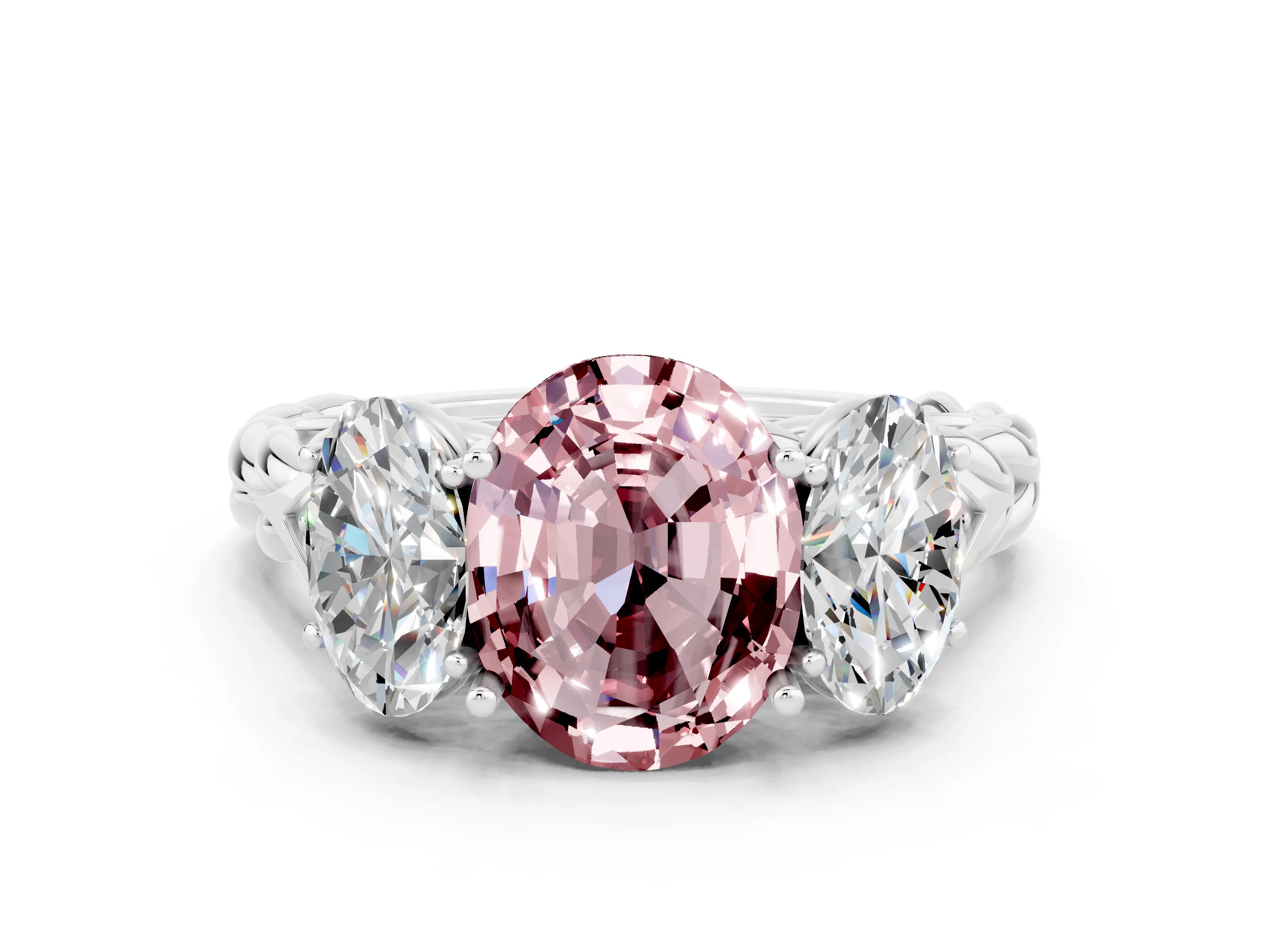 White gold Three-Stone Oval Cut Morganite Braided Band Ring with Four-Prong Setting_12