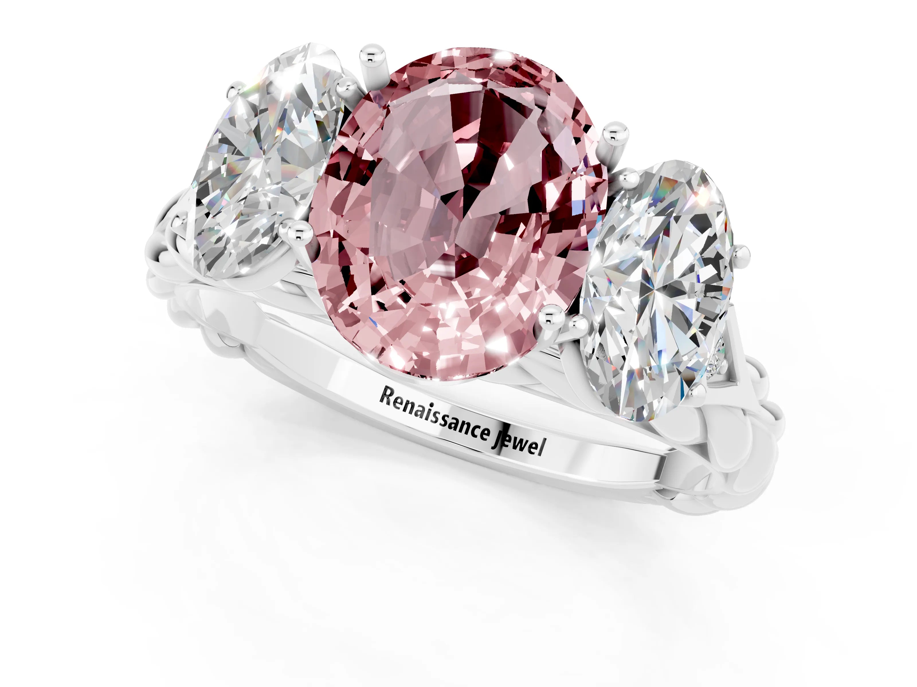 White gold Three-Stone Oval Cut Morganite Braided Band Ring with Four-Prong Setting_13