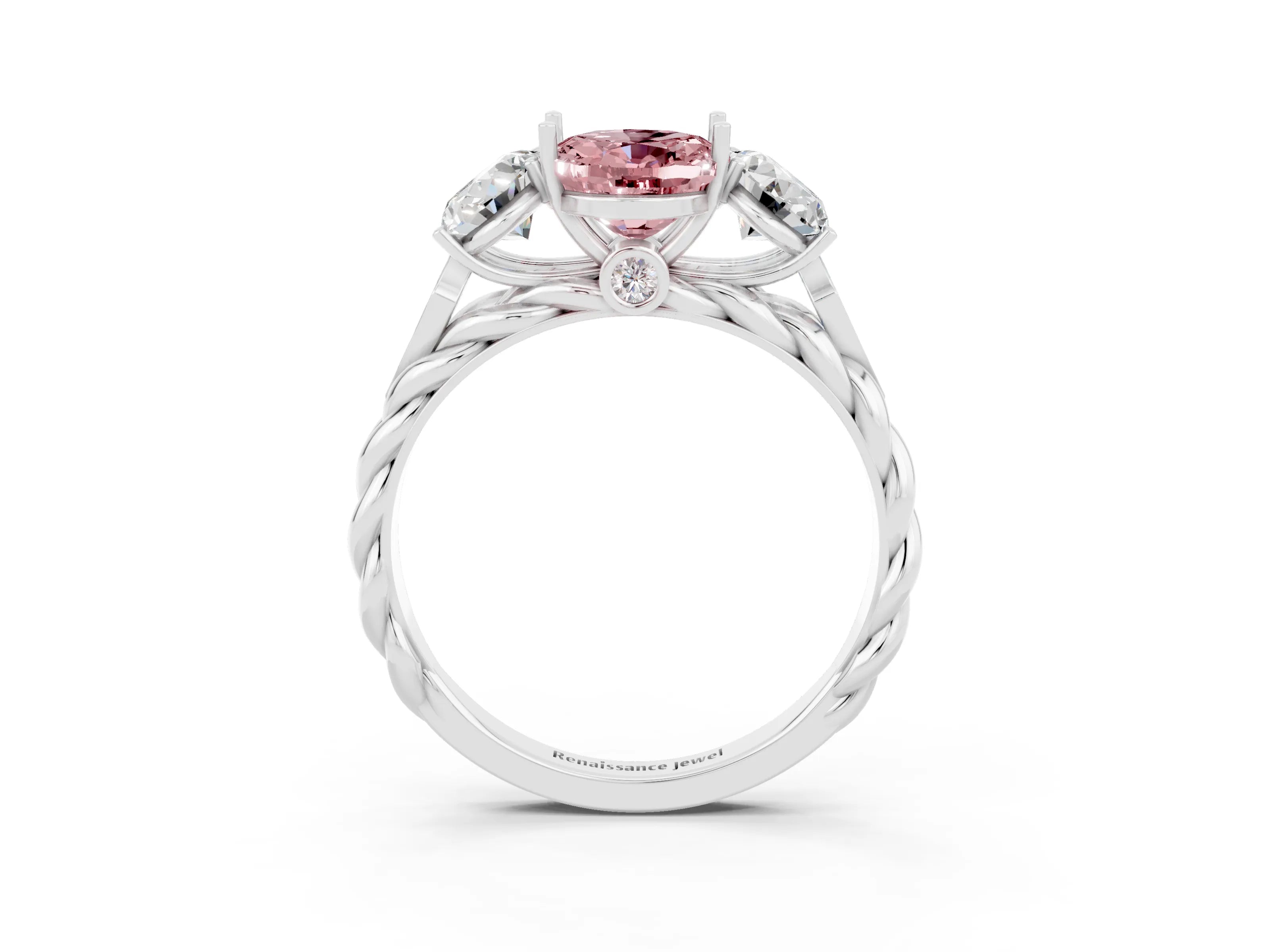 White gold Three-Stone Oval Cut Morganite Braided Band Ring with Four-Prong Setting_15