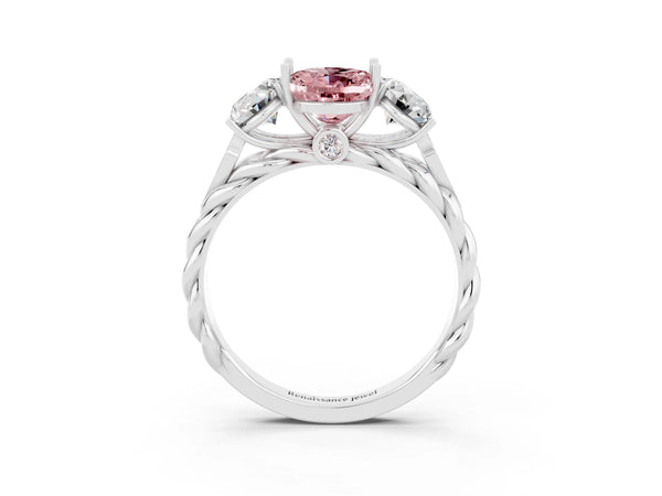 White gold Three-Stone Oval Cut Morganite Braided Band Ring with Four-Prong Setting