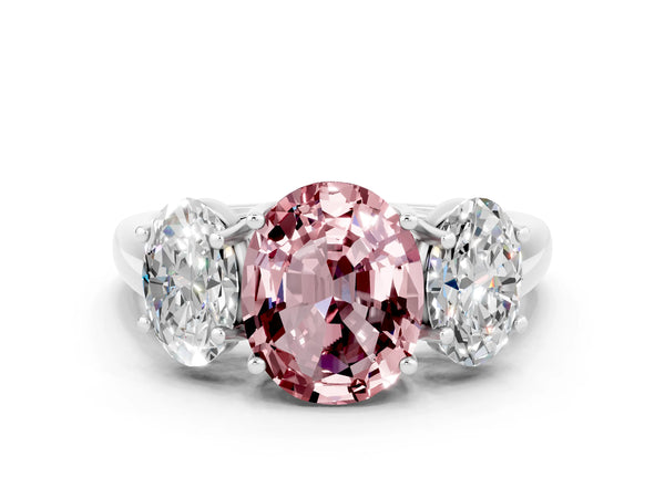 Platinum Three-Stone Oval Cut Morganite Engagement Ring with Prong Setting