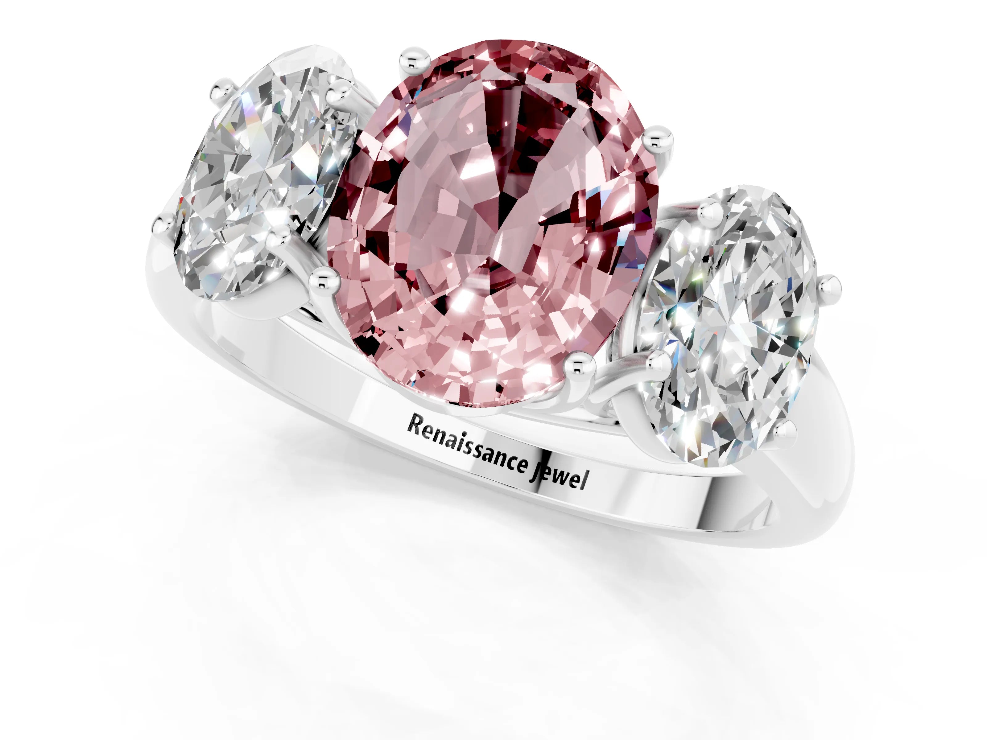 White gold Three-Stone Oval Cut Morganite Engagement Ring with Prong Setting_1