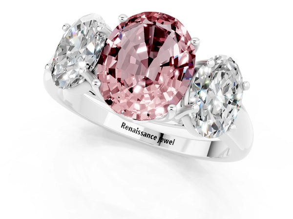 Silver Three-Stone Oval Cut Morganite Engagement Ring with Prong Setting
