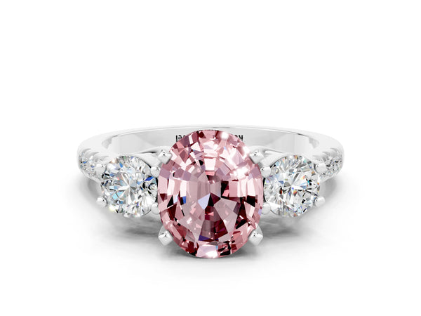 Platinum Three-Stone Oval Cut Morganite Pavé Band with Four-Prong Setting