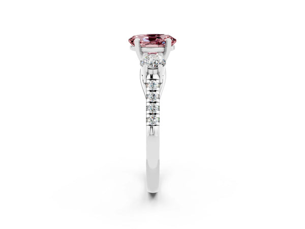 White gold Three-Stone Oval Cut Morganite Pavé Band with Four-Prong Setting