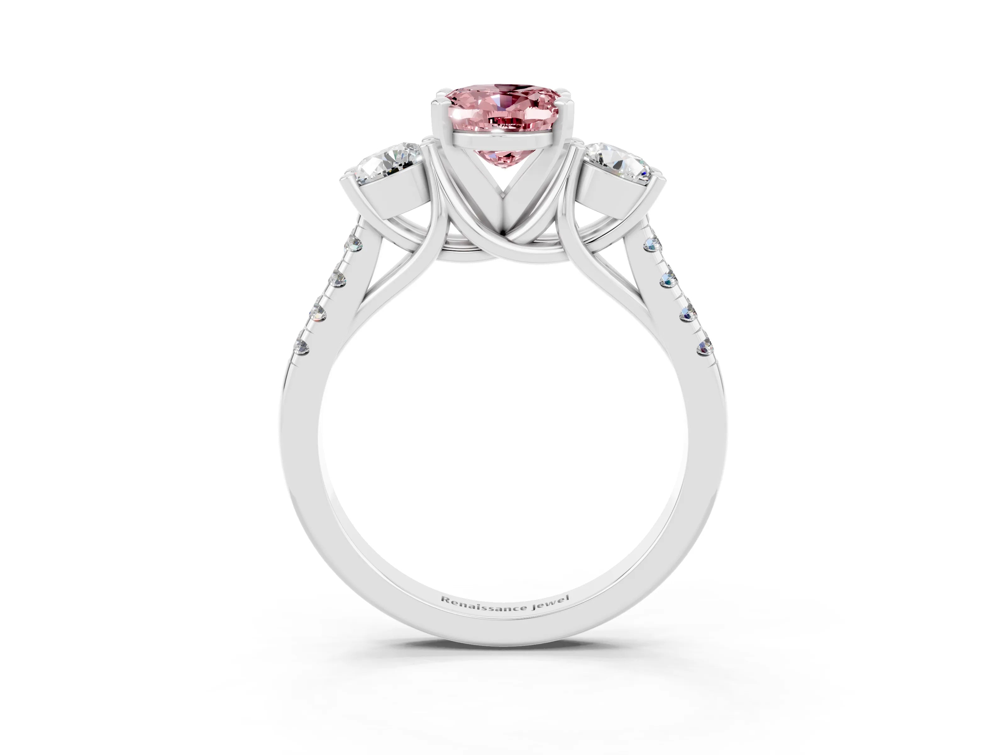White gold Three-Stone Oval Cut Morganite Pavé Band with Four-Prong Setting_3