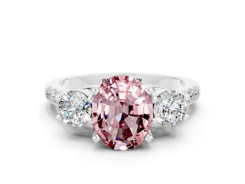 White gold Three-Stone Oval Cut Morganite Pavé Band with Four-Prong Setting