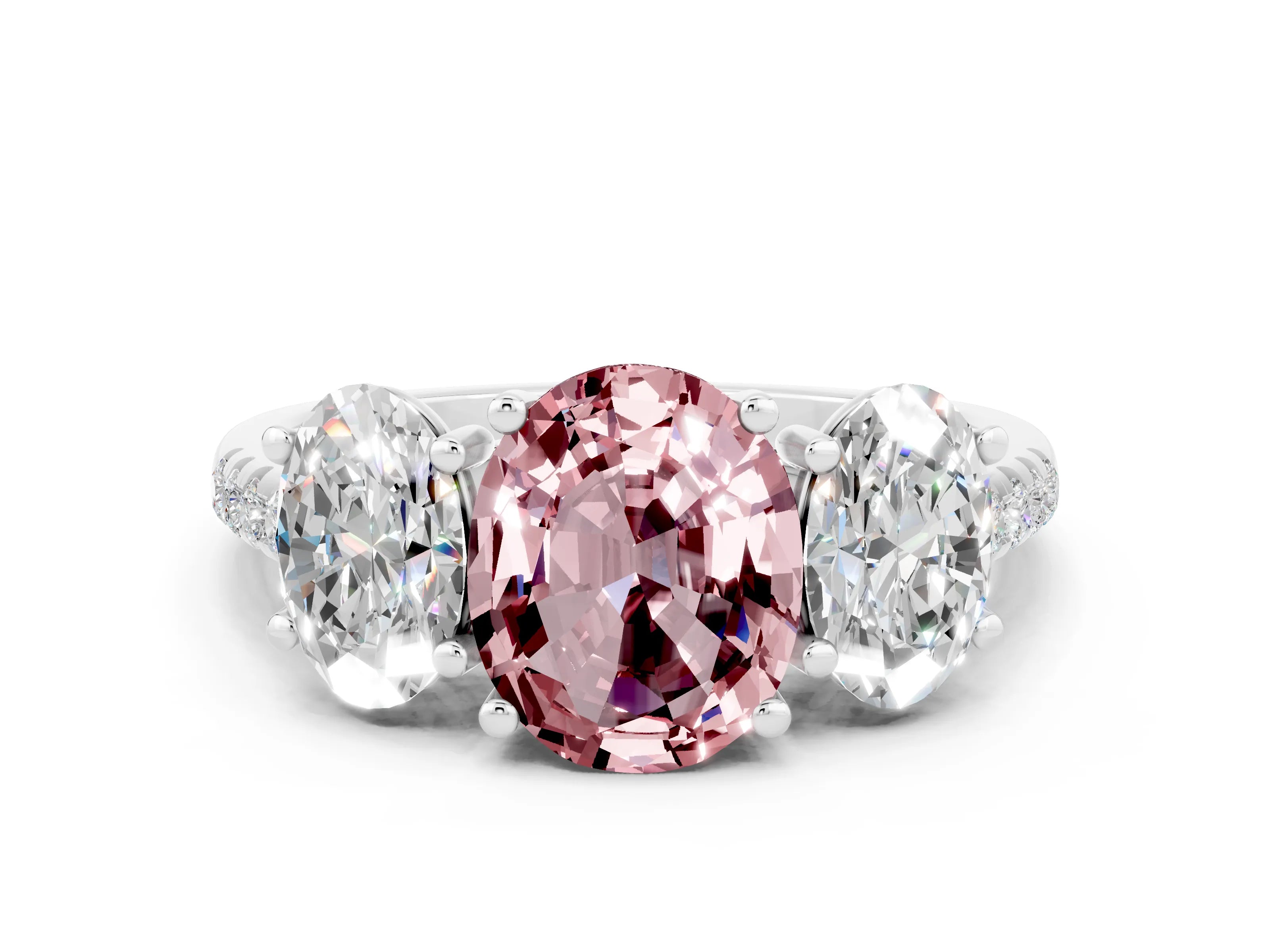 White gold Three-Stone Oval Cut Morganite Ring with Pavé Band and Prong Setting_12