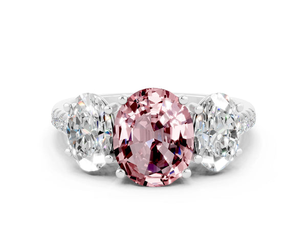 White gold Three-Stone Oval Cut Morganite Ring with Round  Pavé Band and Prong Setting