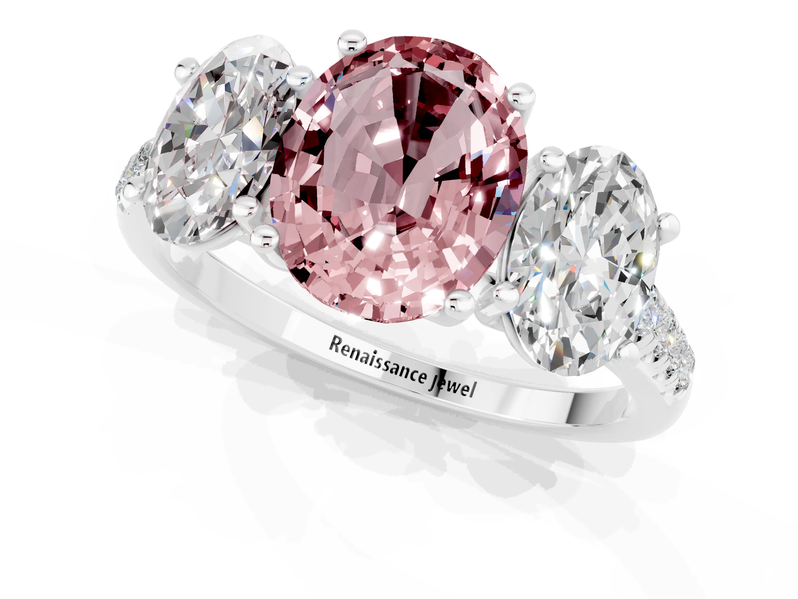 White gold Three-Stone Oval Cut Morganite Ring with Pavé Band and Prong Setting_13