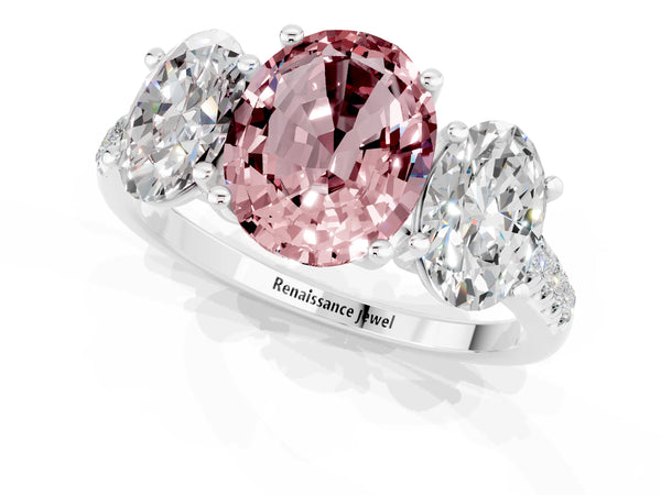 Platinum Three-Stone Oval Cut Morganite Ring with Round  Pavé Band and Prong Setting