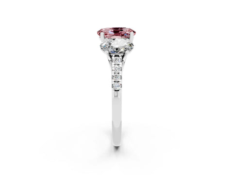 White gold Three-Stone Oval Cut Morganite Ring with Pavé Band and Prong Setting_14