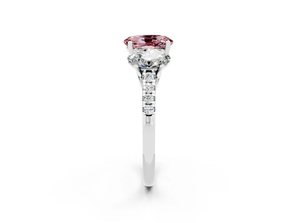 White gold Three-Stone Oval Cut Morganite Ring with Round  Pavé Band and Prong Setting
