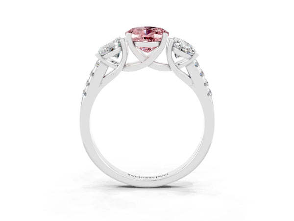 White gold Three-Stone Oval Cut Morganite Ring with Round  Pavé Band and Prong Setting