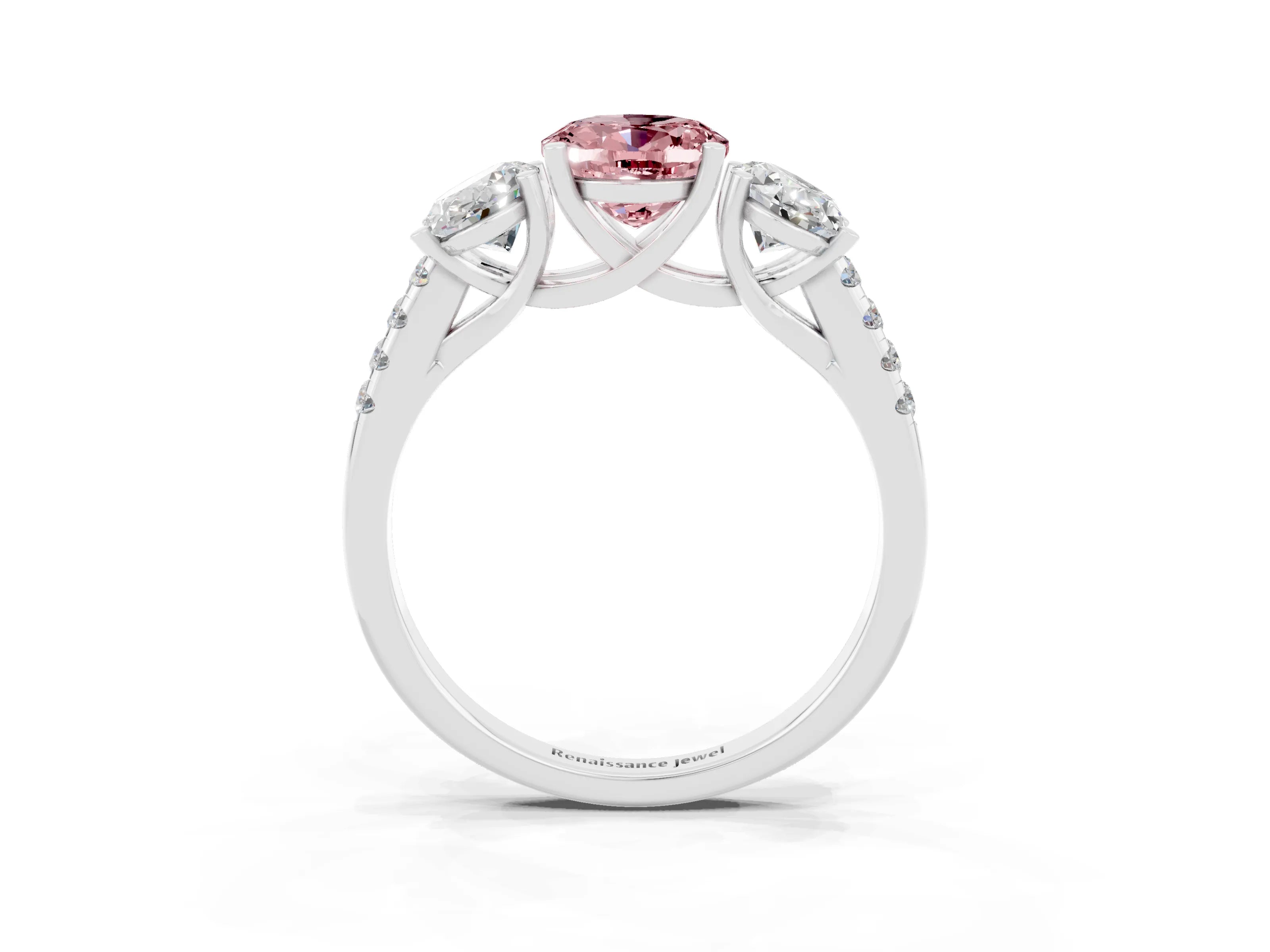 White gold Three-Stone Oval Cut Morganite Ring with Pavé Band and Prong Setting_15