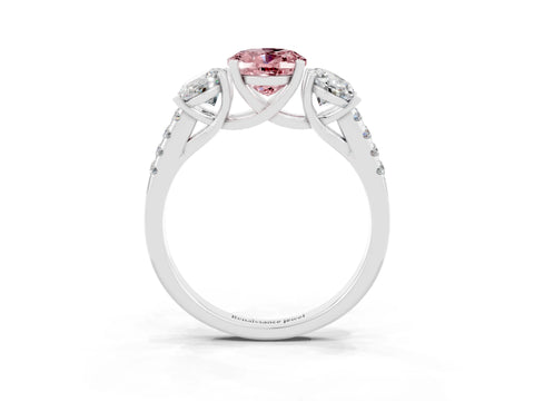 White gold Three-Stone Oval Cut Morganite Ring with Pavé Band and Prong Setting_15