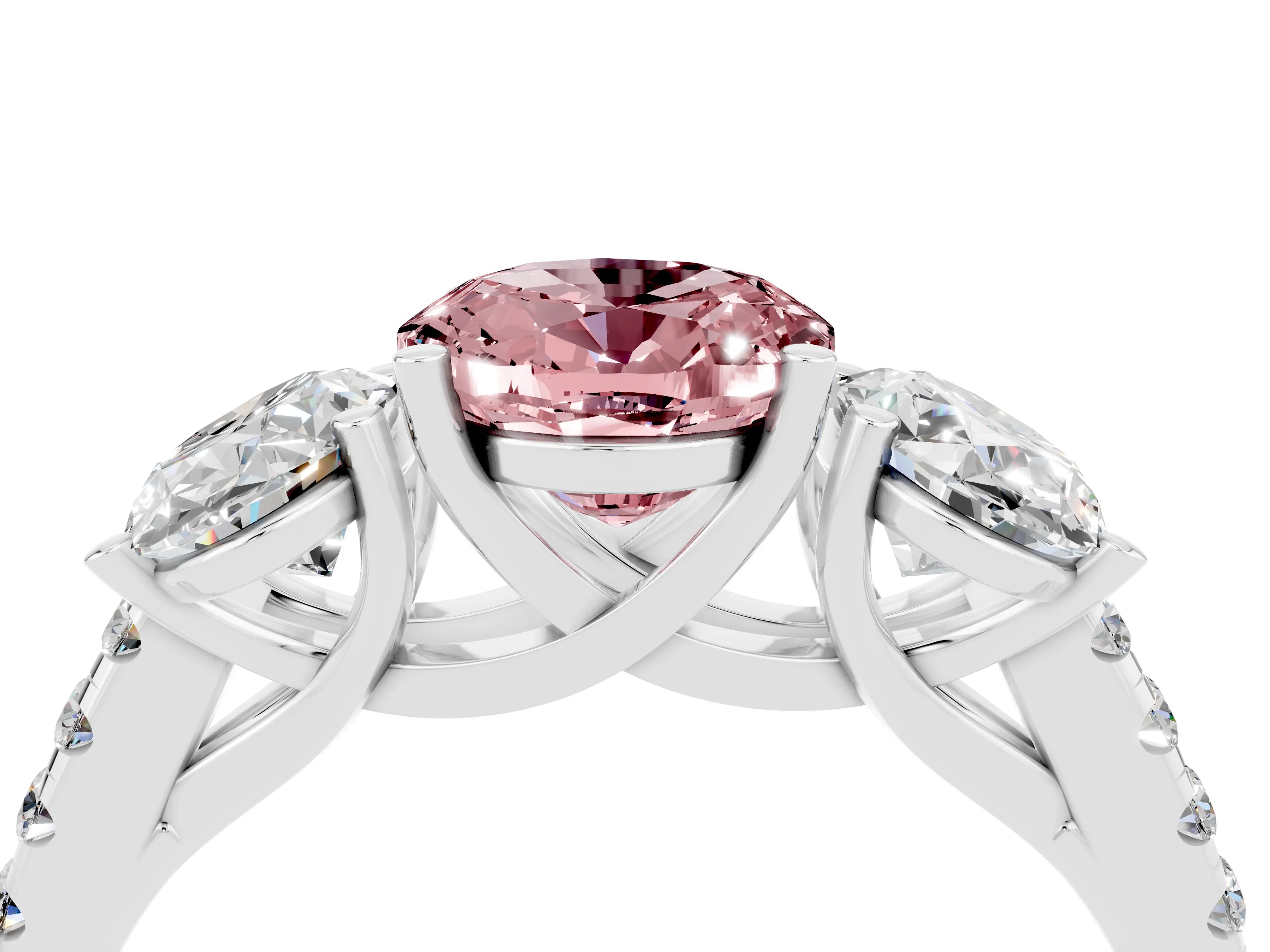 White gold Three-Stone Oval Cut Morganite Ring with Pavé Band and Prong Setting_16
