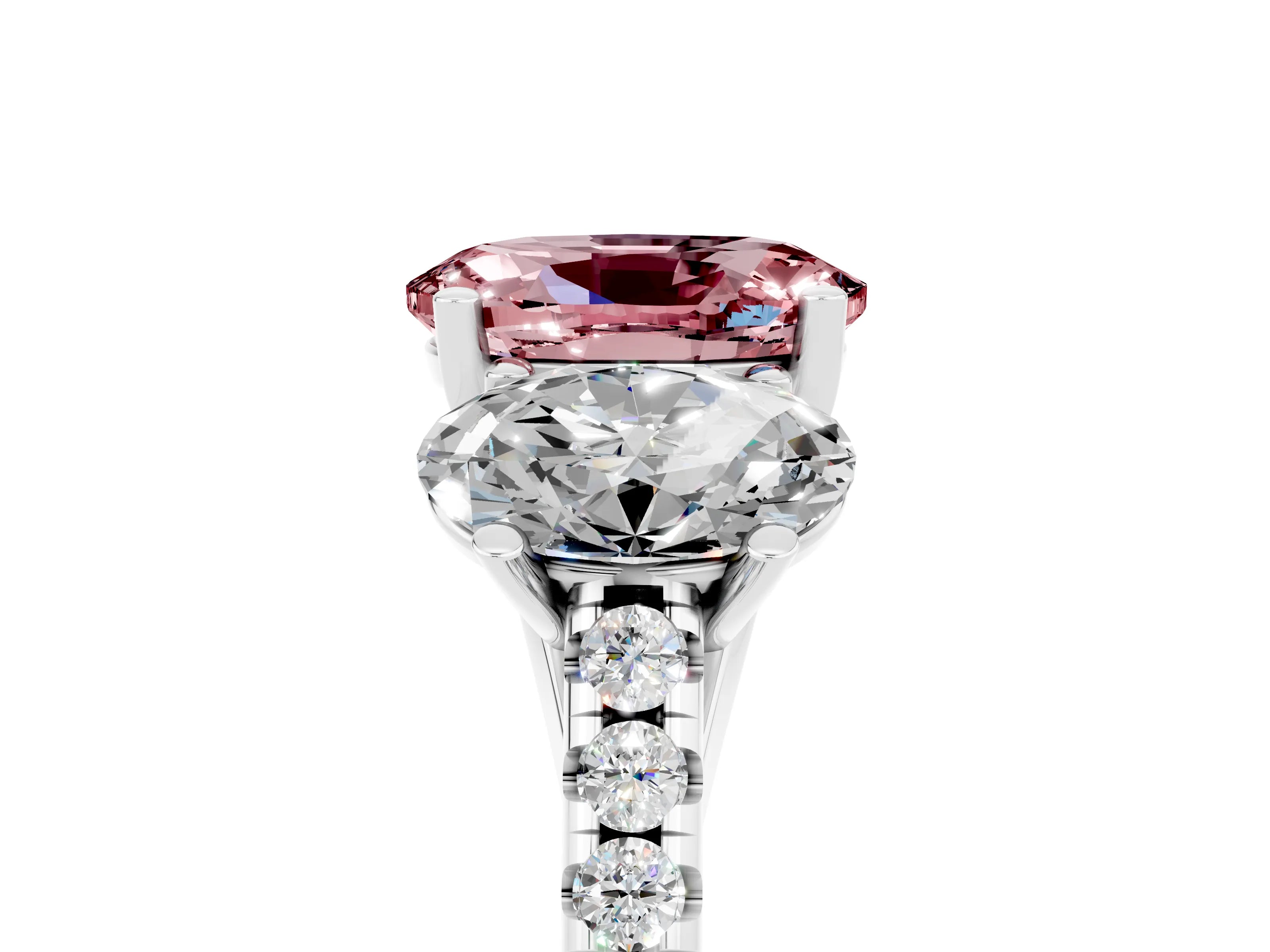 White gold Three-Stone Oval Cut Morganite Ring with Pavé Band and Prong Setting_17