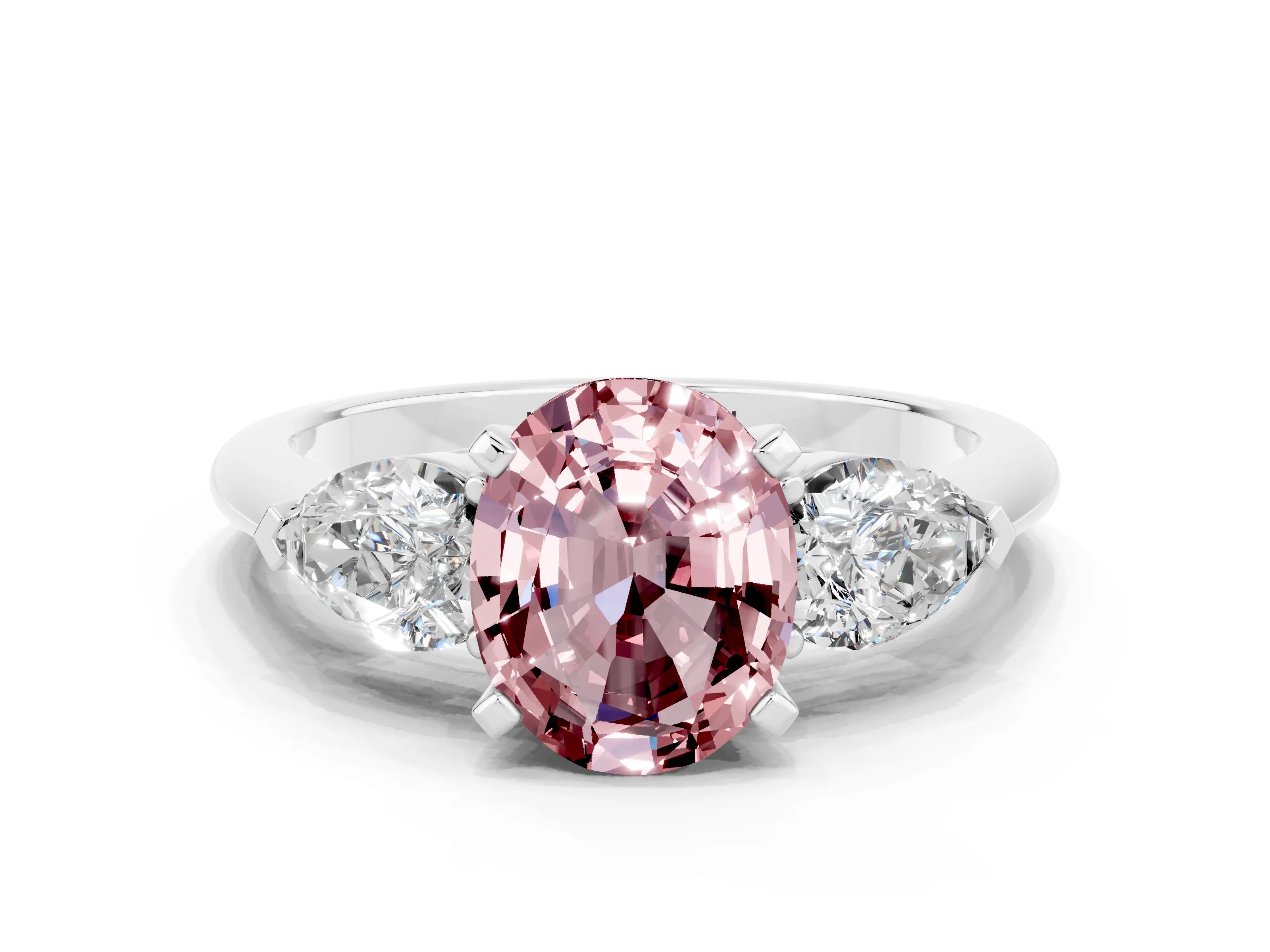 White gold Three-Stone Oval Cut Morganite Ring with Pear Side Stones and Four-Prong Setting