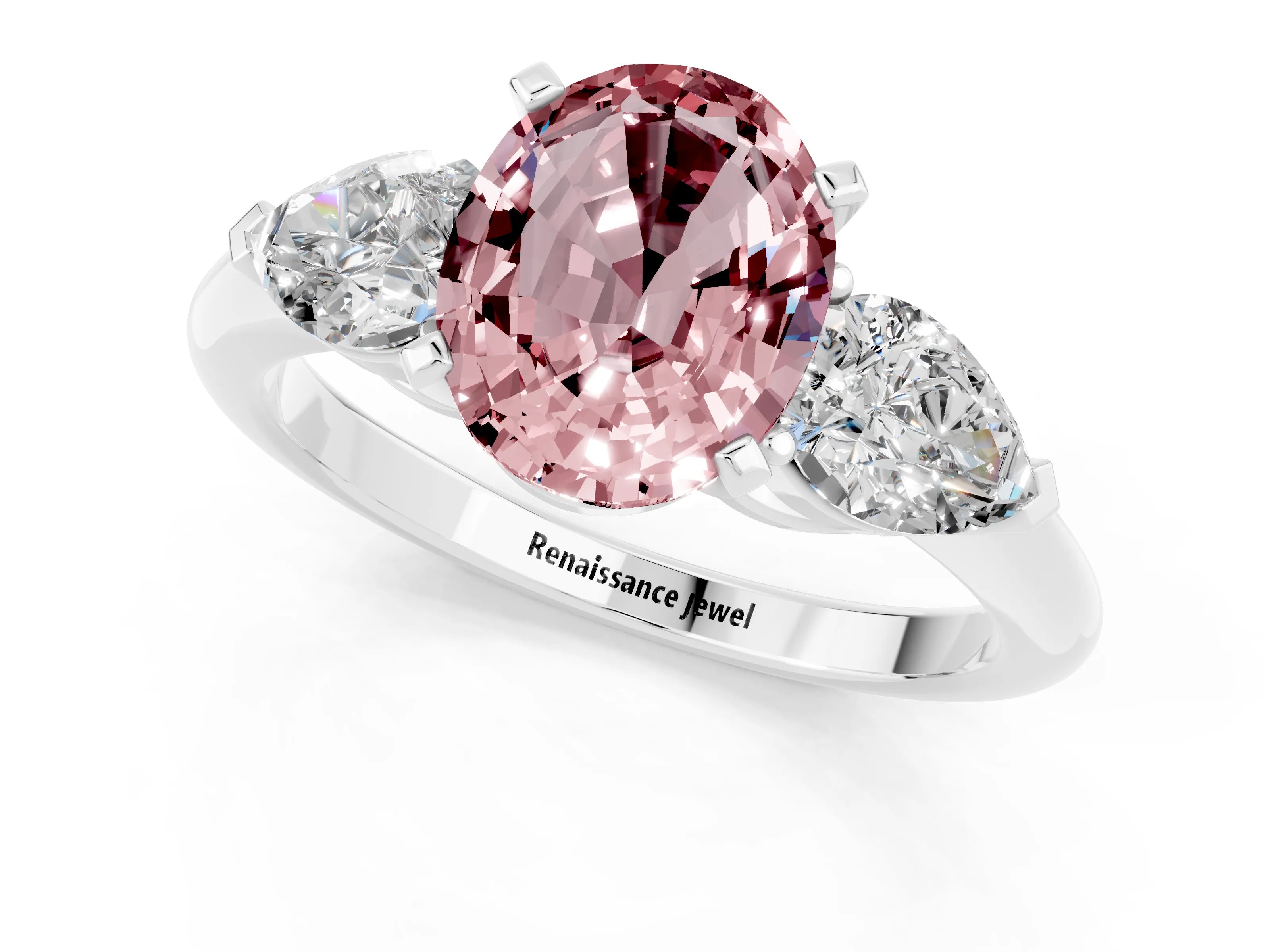 White gold Three-Stone Oval Cut Morganite Ring with Pear Side Stones and Four-Prong Setting_1