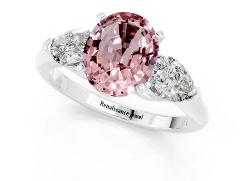 White gold Three-Stone Oval Cut Morganite Ring with Pear Side Stones and Four-Prong Setting_1