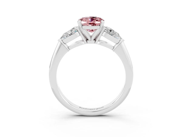 Silver Three-Stone Oval Cut Morganite Ring with Pear Side Stones and Four-Prong Setting