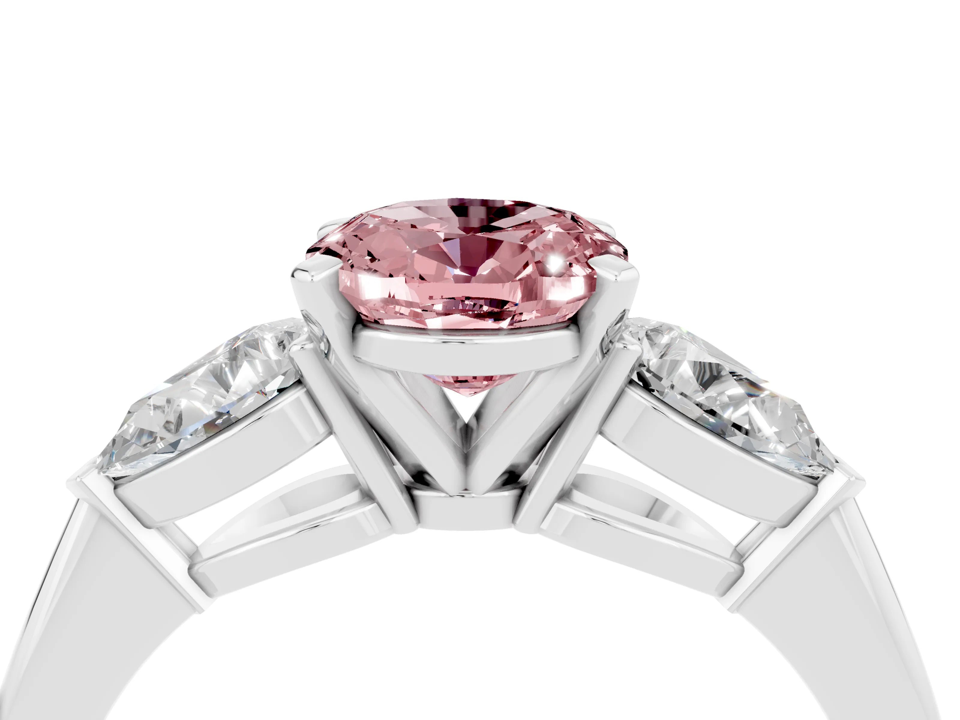 White gold Three-Stone Oval Cut Morganite Ring with Pear Side Stones and Four-Prong Setting_4