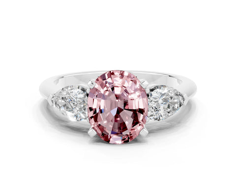 White gold Three-Stone Oval Cut Morganite Ring with Pear Side Stones and Four-Prong Setting