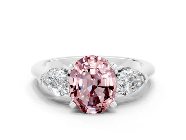 White gold Three-Stone Oval Cut Morganite Ring with Pear Side Stones and Four-Prong Setting