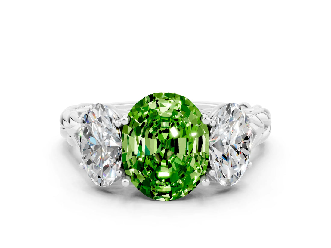 White gold Three-Stone Oval Cut Peridot Braided Band Ring with Four-Prong Setting_12