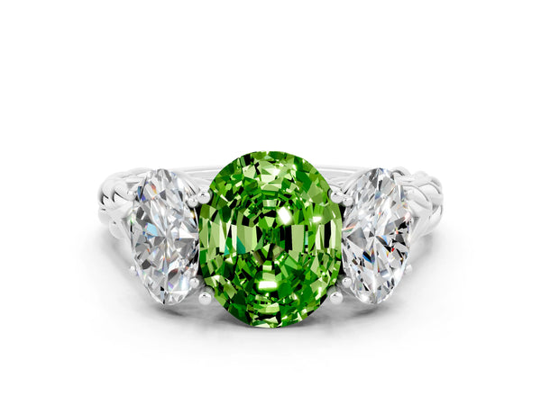 Platinum Three-Stone Oval Cut Peridot Braided Band Ring with Four-Prong Setting