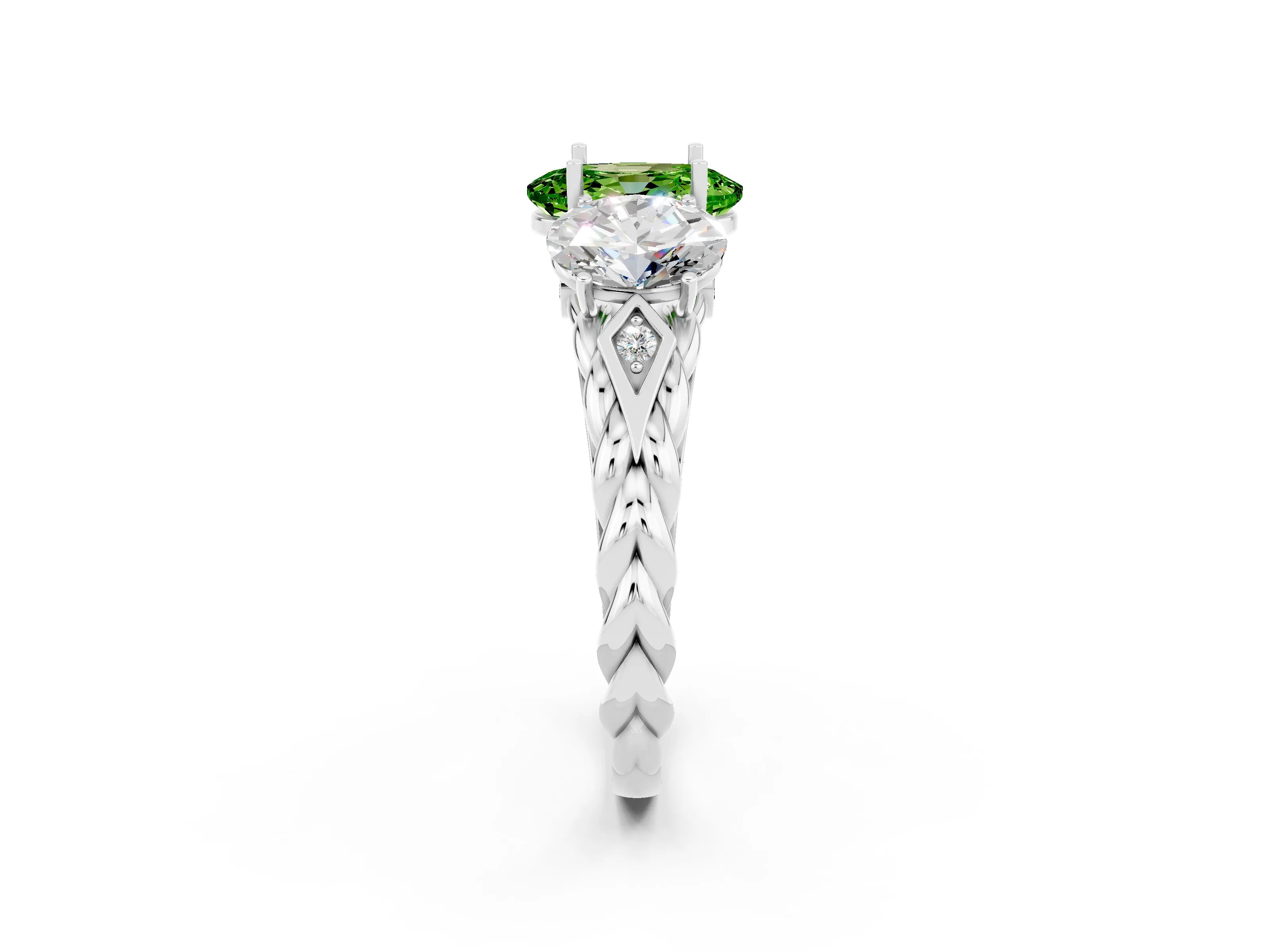 White gold Three-Stone Oval Cut Peridot Braided Band Ring with Four-Prong Setting_14