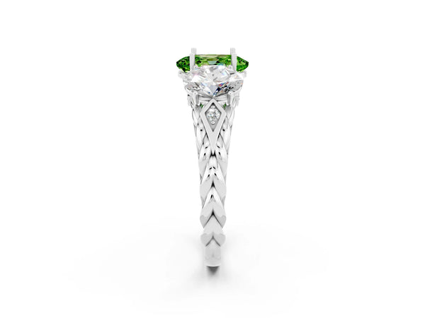 Platinum Three-Stone Oval Cut Peridot Braided Band Ring with Four-Prong Setting