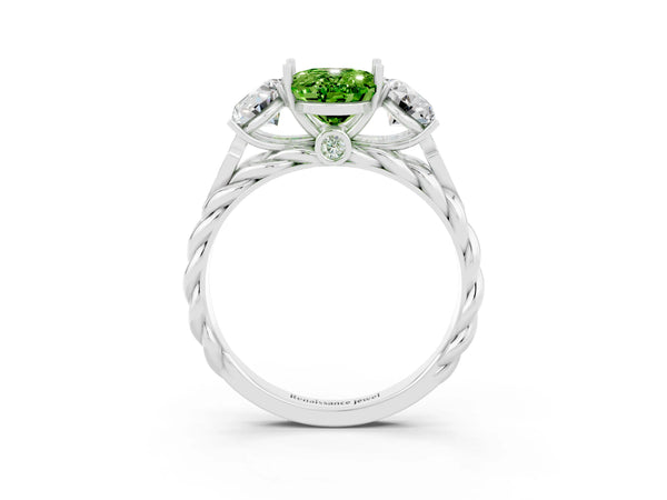 White gold Three-Stone Oval Cut Peridot Braided Band Ring with Four-Prong Setting