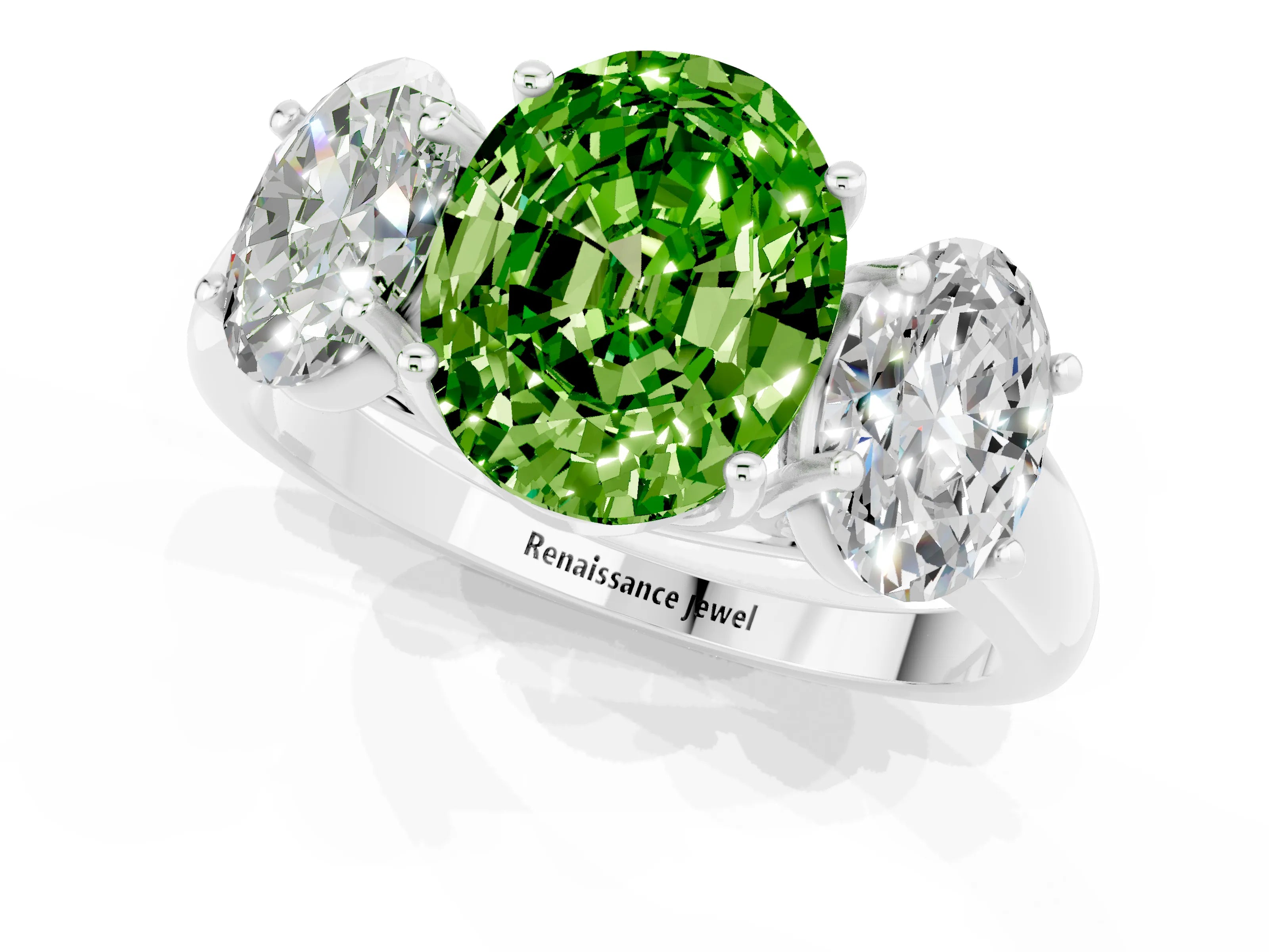White gold Three-Stone Oval Cut Peridot Engagement Ring with Prong Setting_1